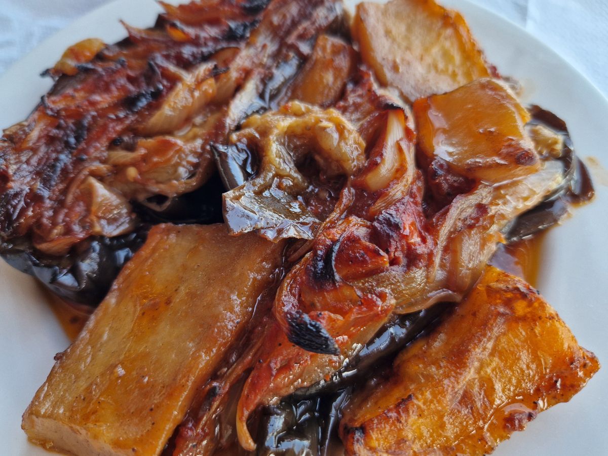 Greek vegan food, aubergines with tomato sauce