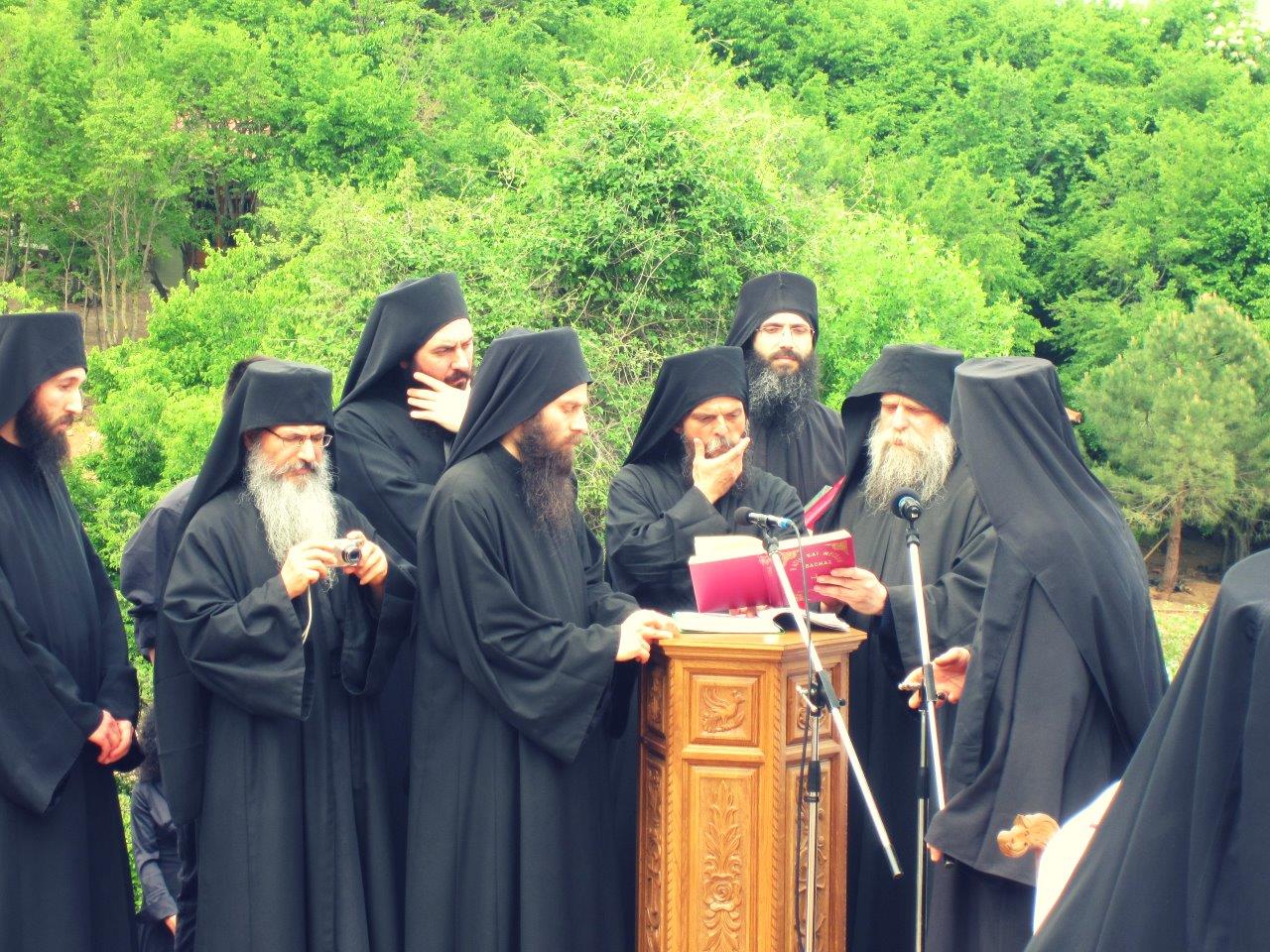 Monks in a Greek monastery