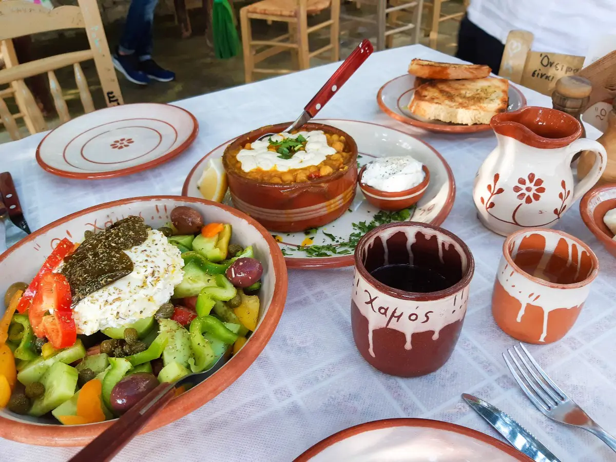 A Greek meal with wine
