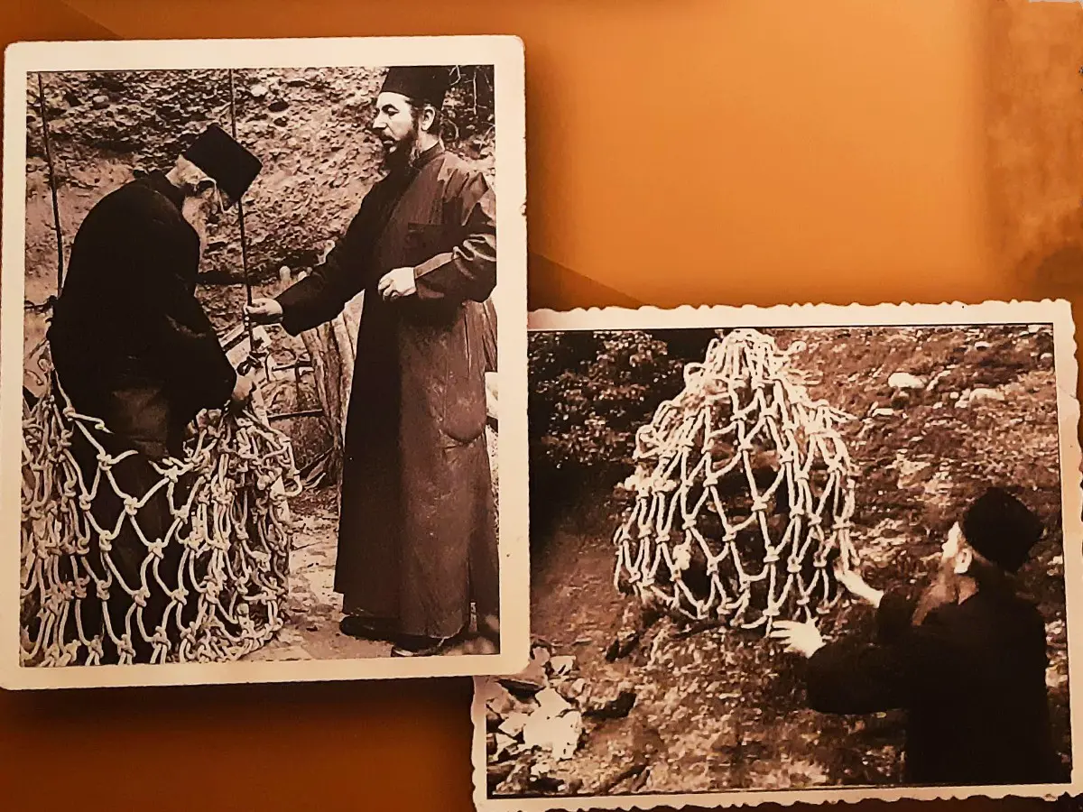 A monk inside a net at the Meteora Monasteries
