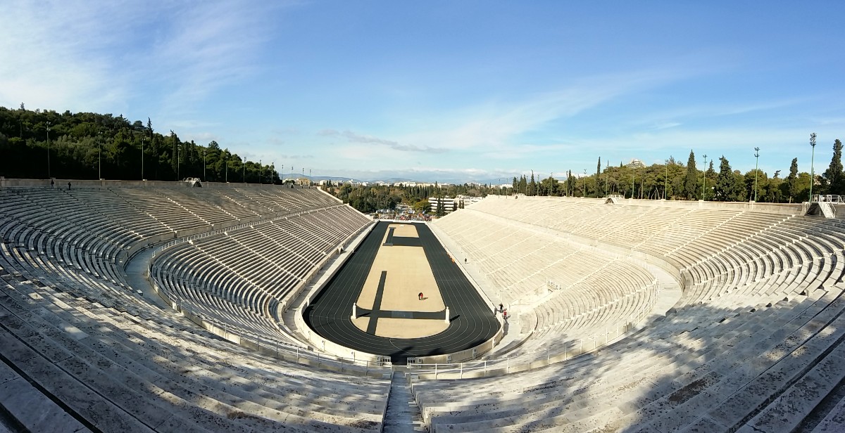 The Marathon race finishes inside the Panathenaic Stadium