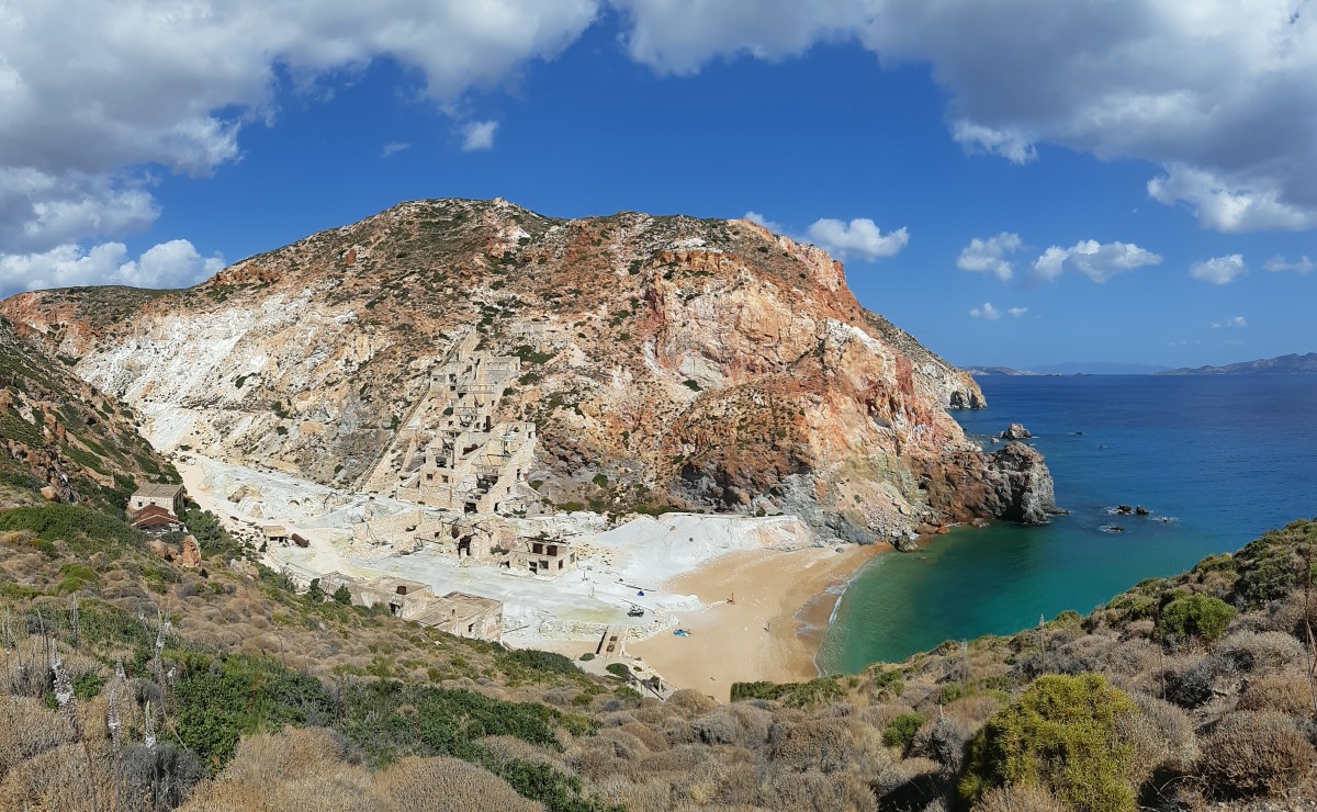 View of Thiorichia beach in Milos Greece