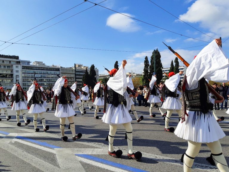 Parade of Greek soldiers dressed in the traditional uniform of the Greek army (Efvzones).