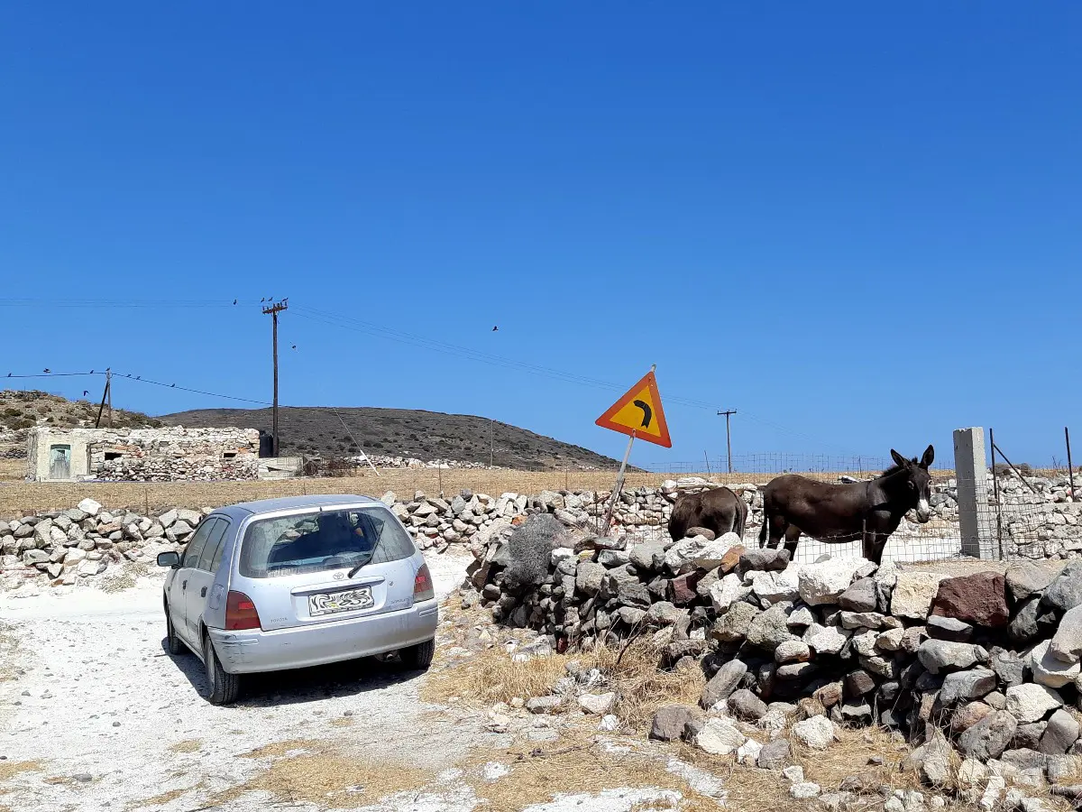 My car and a donkey in Kimolos Greece