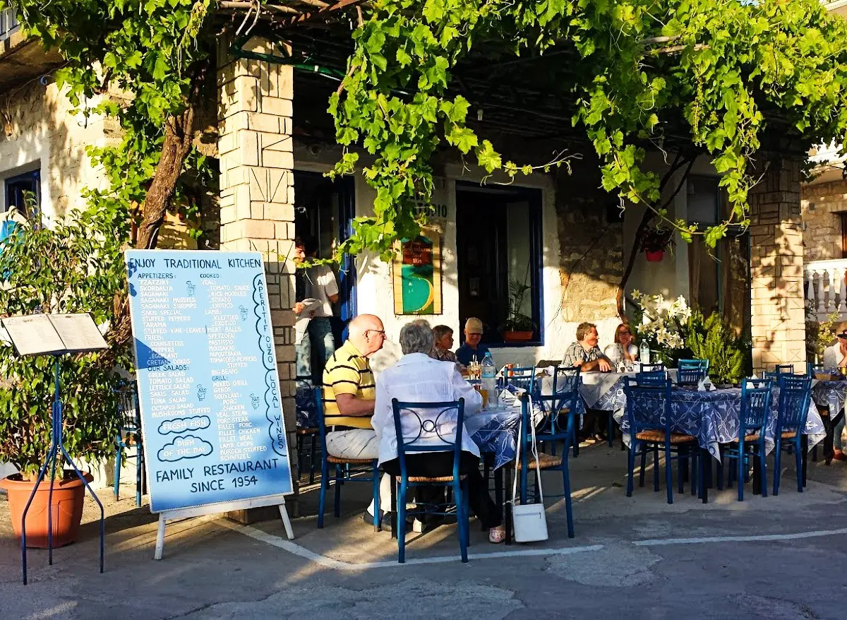 People sitting at a taverna in Greece