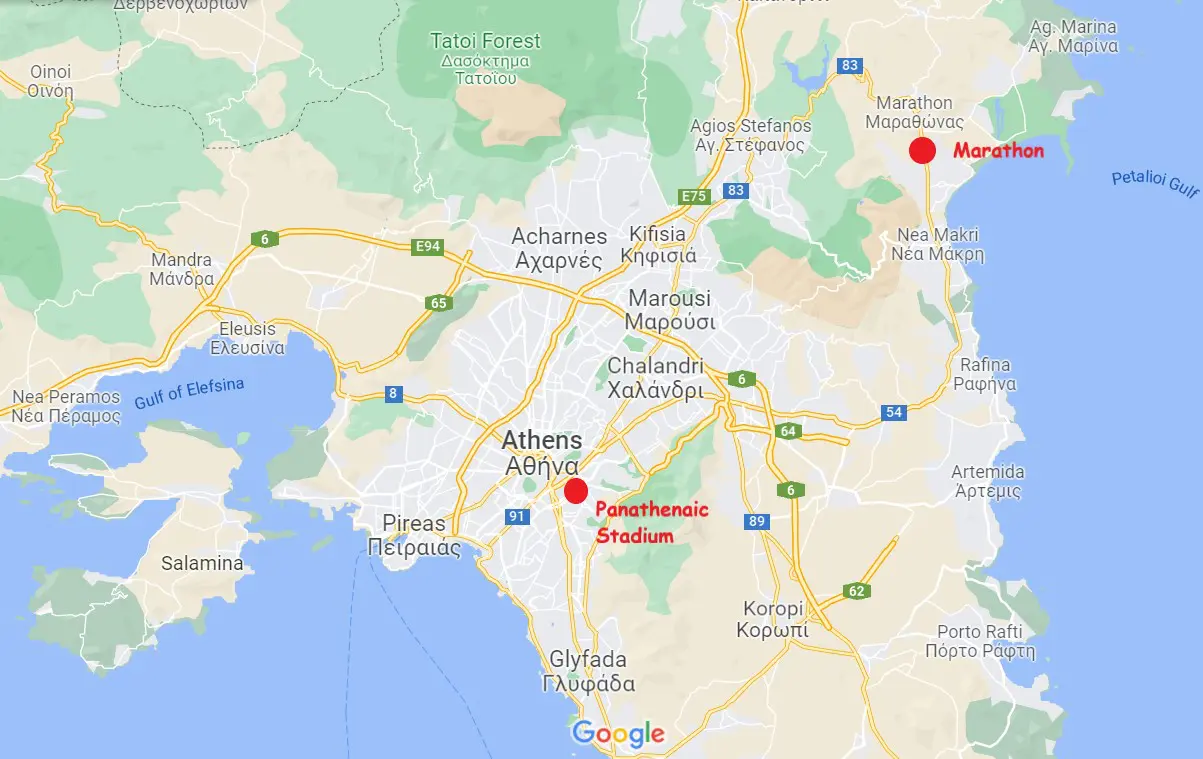 A map of the Athens Authentic Marathon route