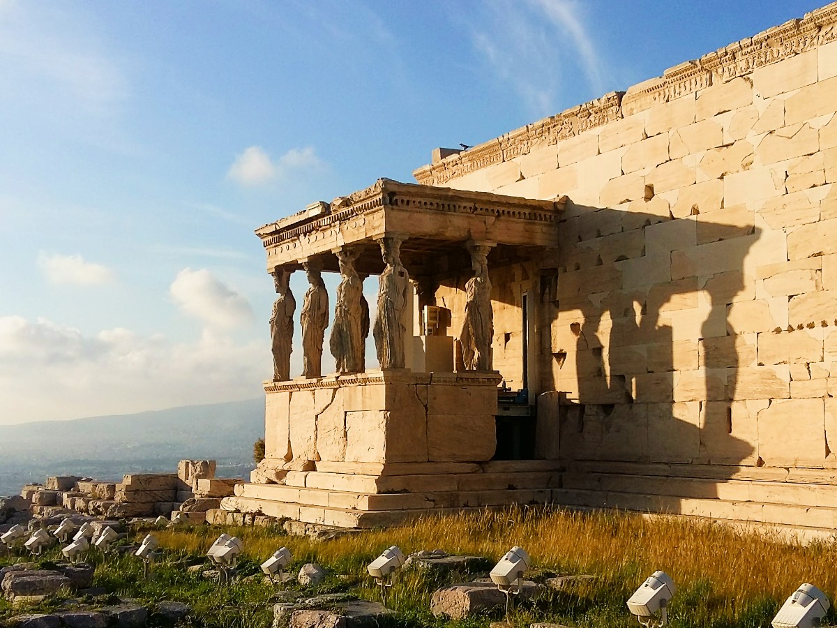 The Caryatids statues in the Acropolis Athens in January