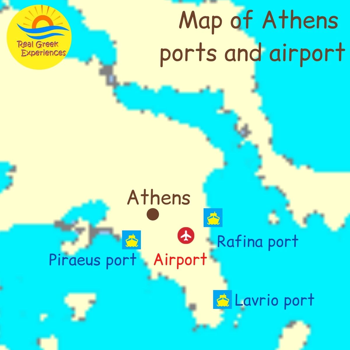 A map of Athens ports and airport