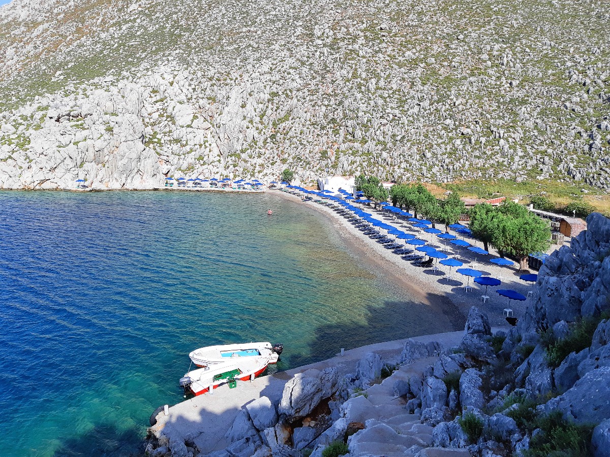 The beautiful Agios Nikolaos beach in Symi Greece