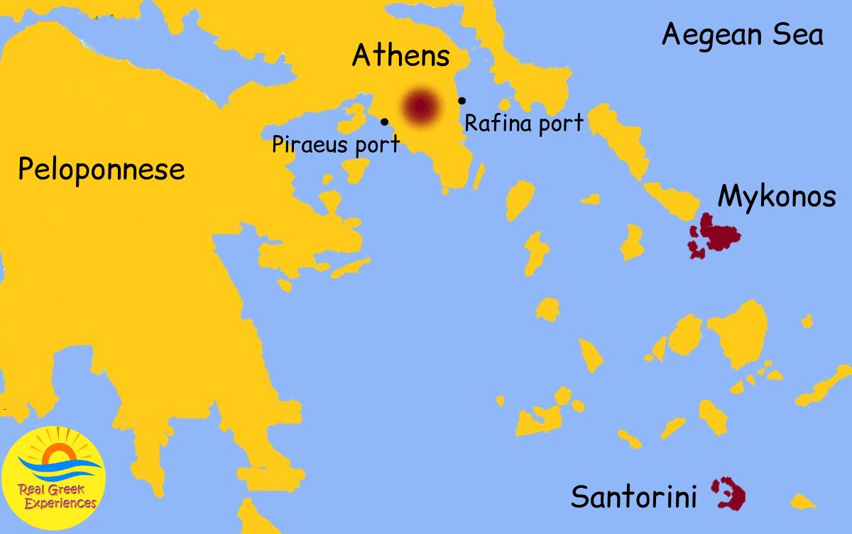 A map of Athens, Santorini and Mykonos