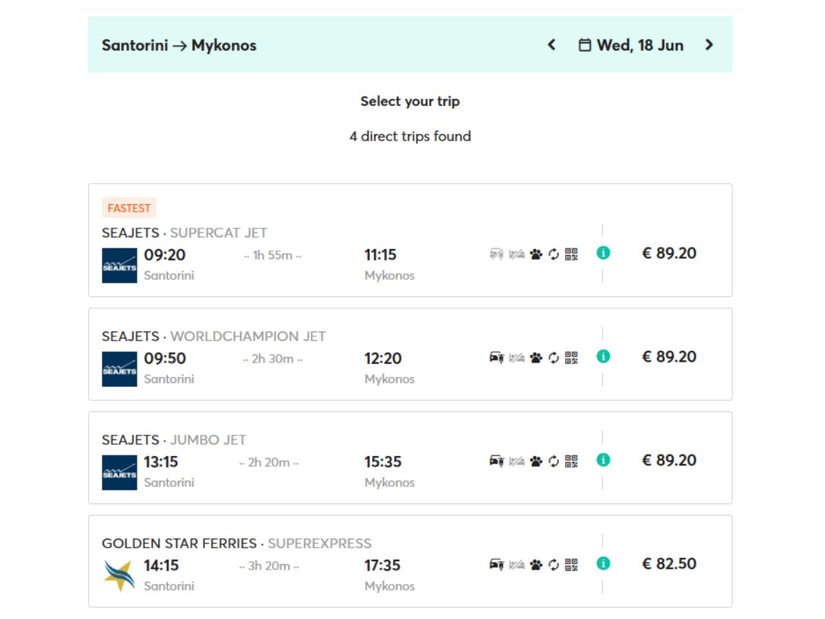 2025 ferry routes from Santorini to Mykonos