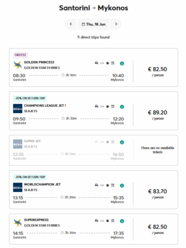 Ferries from Santorini to Mykonos 2026