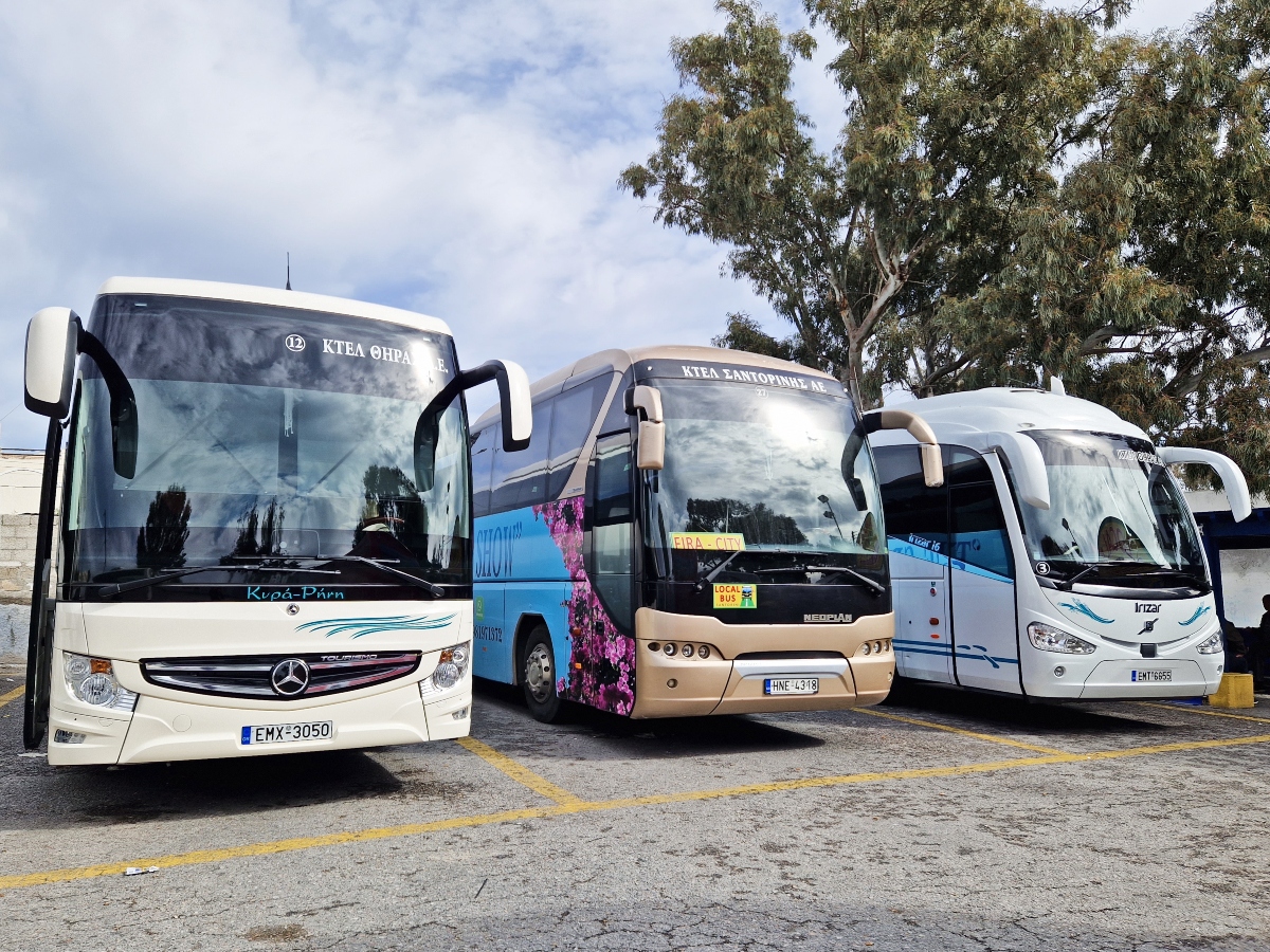 The cheapest way to get around Santorini is by public bus