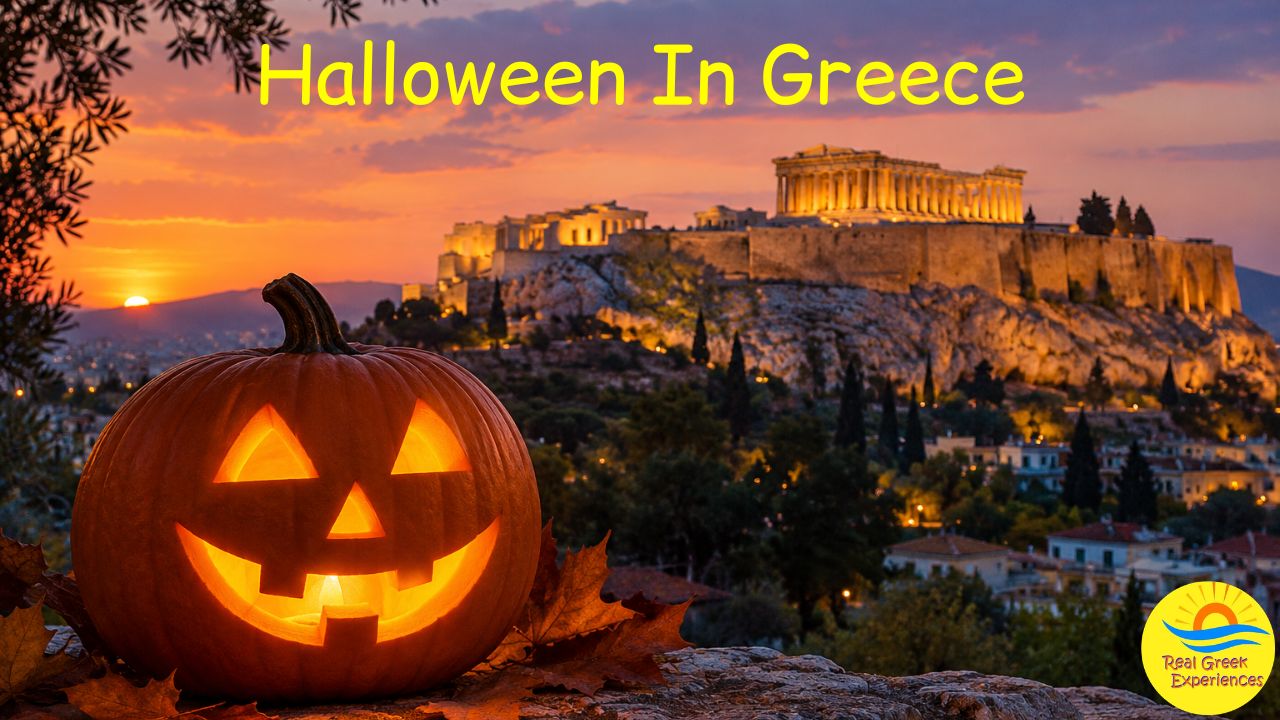 A picture of a Halloween pumpkin and the Acropolis of Athens