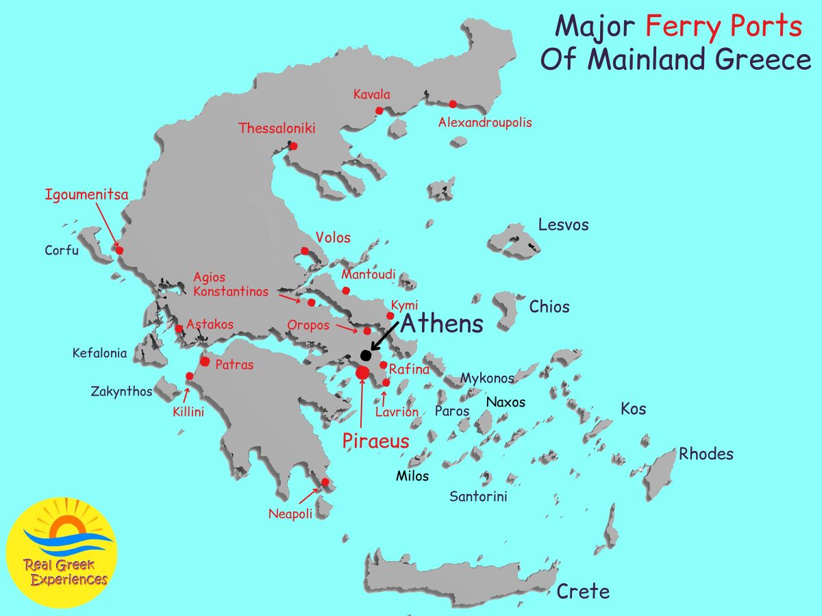 Map of major ferry ports in mainland Greece