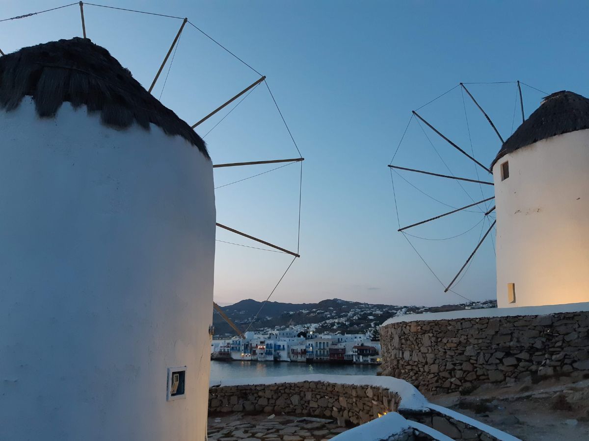 View of the windmills and Mykonos Town