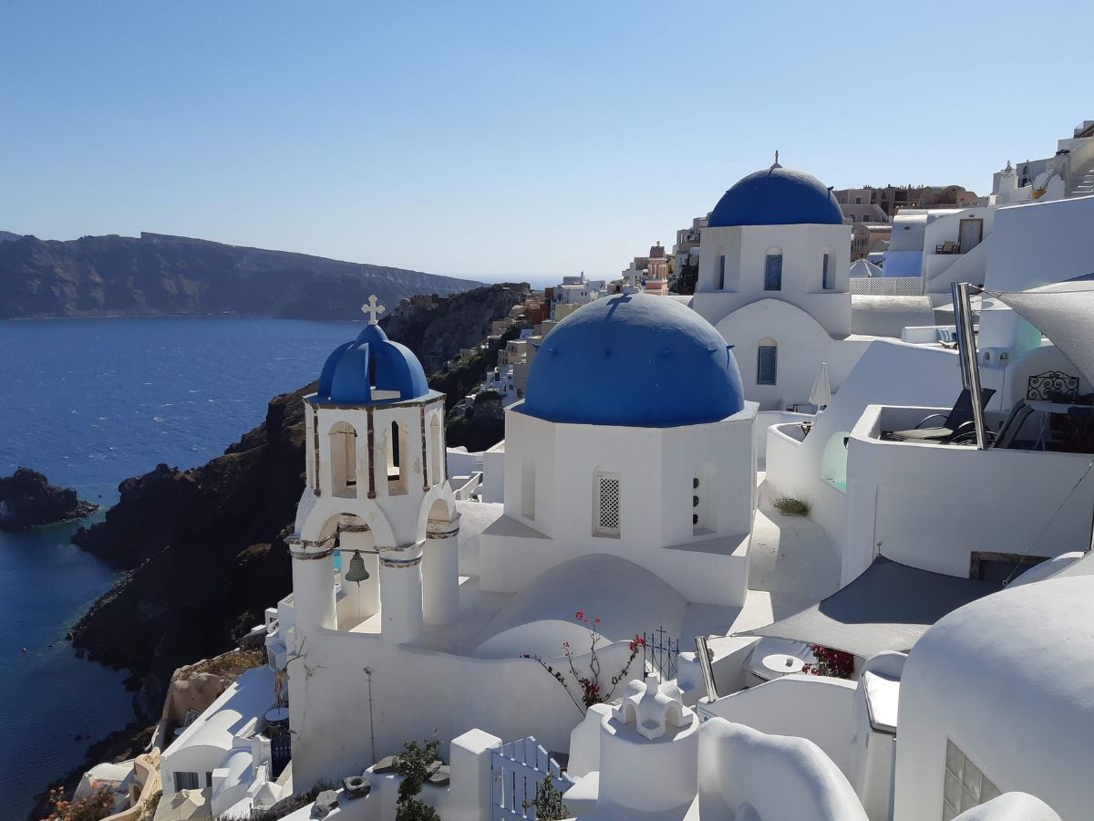 Famous blue domed churches in Santorini Greece